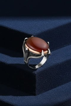 Büyük Boy Pençe Model Akik Taşlı Gümüş Yüzük