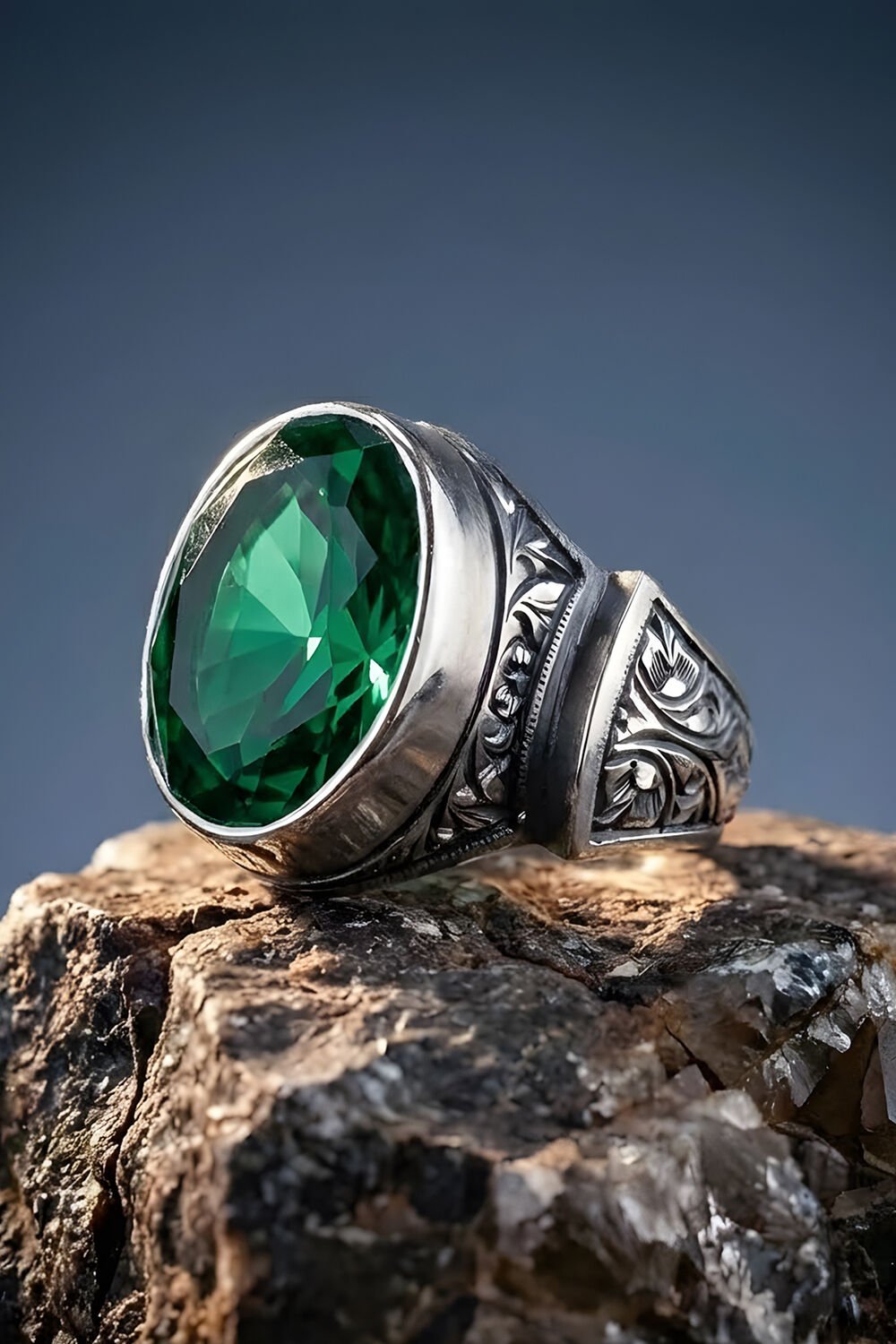 Erzurum Kalem İşçiliği Sultan Model Zümrüt Zirkon Taşlı Erkek Yüzük