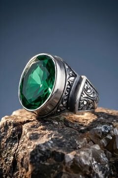 Erzurum Kalem İşçiliği Sultan Model Zümrüt Zirkon Taşlı Erkek Yüzük