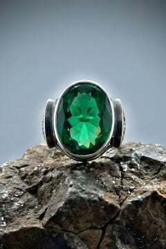 Erzurum Kalem İşçiliği Sultan Model Zümrüt Zirkon Taşlı Erkek Yüzük