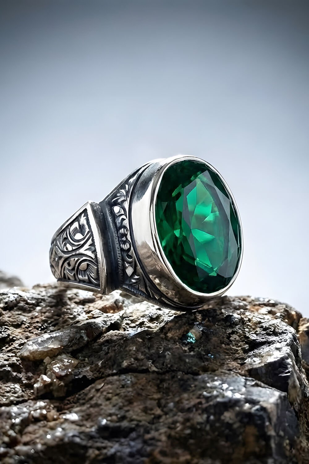 Erzurum Kalem İşçiliği Sultan Model Zümrüt Zirkon Taşlı Erkek Yüzük