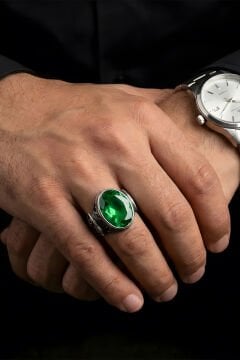 Erzurum Kalem İşçiliği Sultan Model Zümrüt Zirkon Taşlı Erkek Yüzük