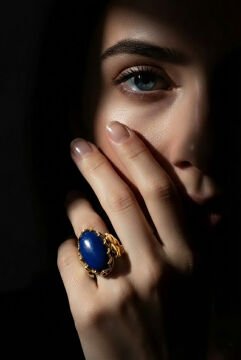 Yonca Model Lapis Lazuli Taşlı El İşi Gümüş Yüzük 24 - Altın Rengi