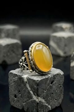 Görkem Model El İşi Sarı Akik Taşlı Gümüş Erkek Yüzük