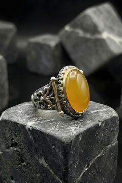 Görkem Model El İşi Sarı Akik Taşlı Gümüş Erkek Yüzük