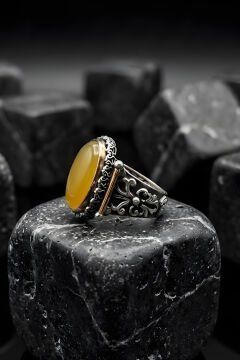 Görkem Model El İşi Sarı Akik Taşlı Gümüş Erkek Yüzük