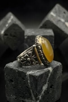 Görkem Model El İşi Sarı Akik Taşlı Gümüş Erkek Yüzük