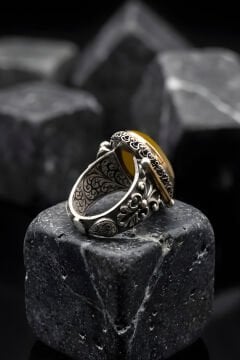 Görkem Model El İşi Sarı Akik Taşlı Gümüş Erkek Yüzük