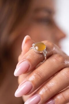 Luna Model Doğal Sarı Akik Taşlı Gümüş Kadın Yüzük 14 - Gümüş Rengi