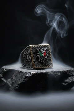 Kare Model Kalem İşlemeli Devlet Arması Yüzük