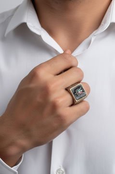Kare Model Kalem İşlemeli Devlet Arması Yüzük