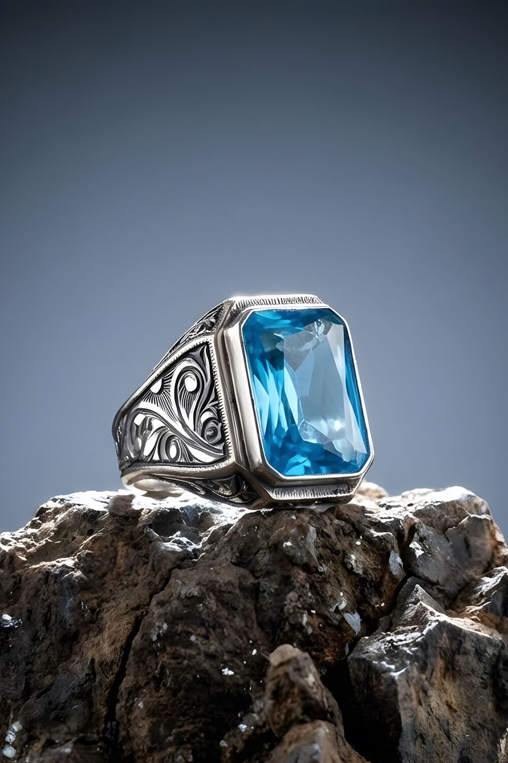 Erzurum Kalem İşçiliği Nakkaş Model Mavi Topaz Zirkon Taşlı Erkek Yüzük