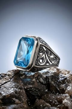 Erzurum Kalem İşçiliği Nakkaş Model Mavi Topaz Zirkon Taşlı Erkek Yüzük