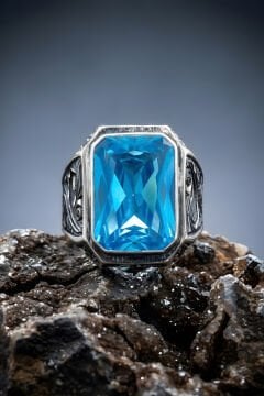 Erzurum Kalem İşçiliği Nakkaş Model Mavi Topaz Zirkon Taşlı Erkek Yüzük