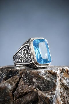 Erzurum Kalem İşçiliği Nakkaş Model Mavi Topaz Zirkon Taşlı Erkek Yüzük