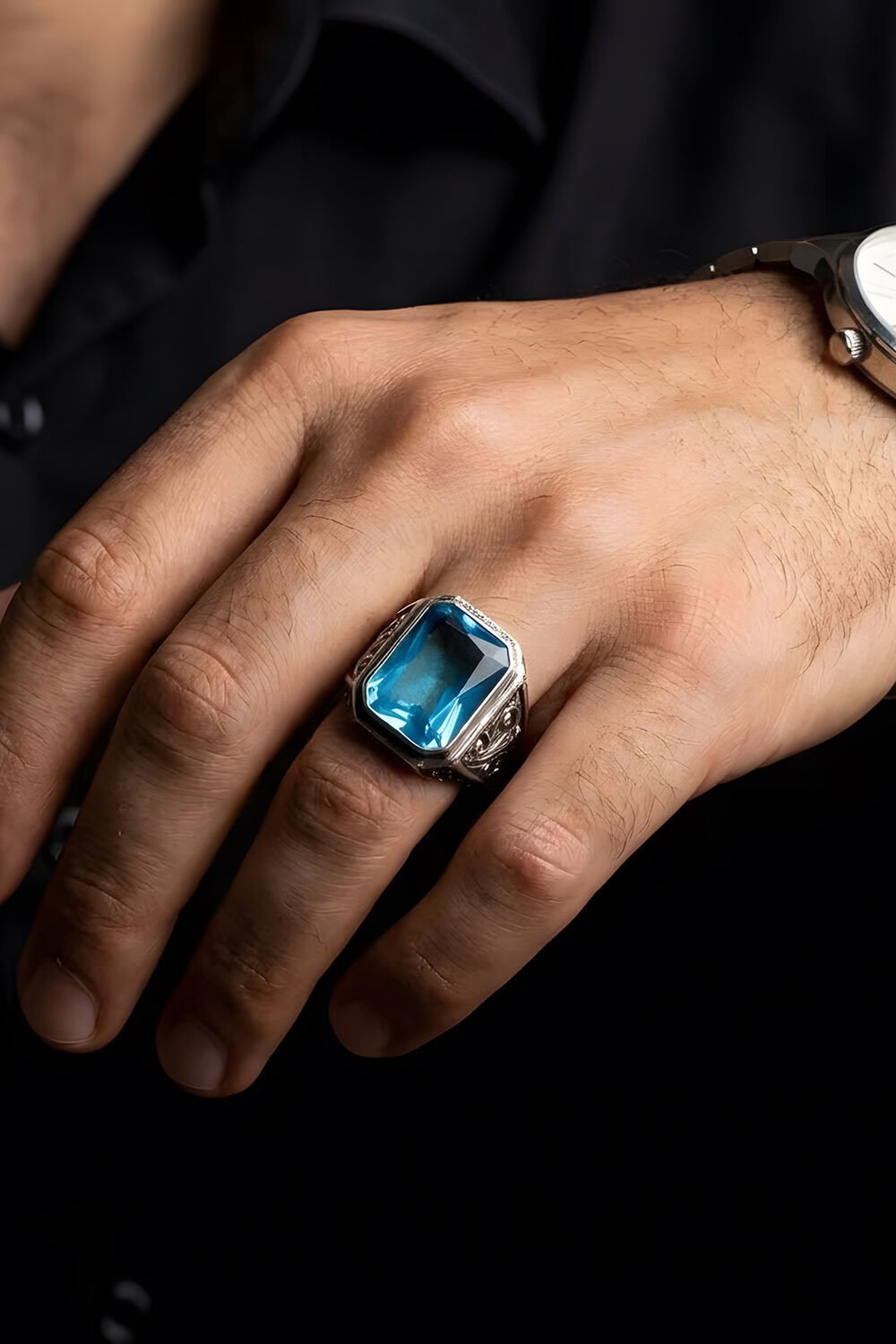 Erzurum Kalem İşçiliği Nakkaş Model Mavi Topaz Zirkon Taşlı Erkek Yüzük