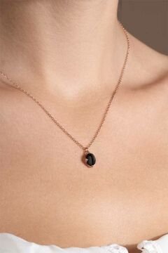 Oniks Taşlı Minimal Gümüş Kadın Kolye Rose Rengi