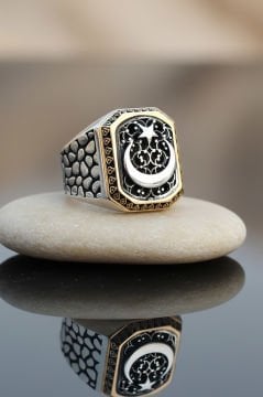 Benekli Model Ay Yıldızlı Taşsız Gümüş Yüzük