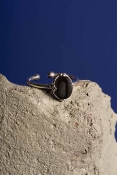 Oniks Taşlı Minimal Gümüş Ayarlanabilir Kadın Yüzük