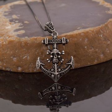 Gemi Çapası ve Kuru Kafa Gümüş Kolye