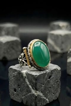Görkem Model El İşi Yeşil Akik Taşlı Gümüş Erkek Yüzük