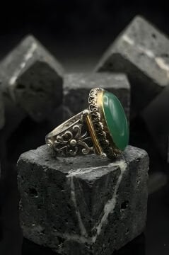 Görkem Model El İşi Yeşil Akik Taşlı Gümüş Erkek Yüzük