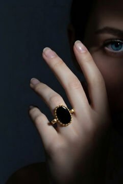 Sade Model Oniks Taşlı El İşi Gümüş Yüzük 14 - Altın Rengi