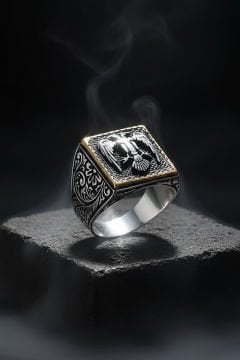 Kare Model Kalem İşlemeli Selçuklu Kartalı Yüzük