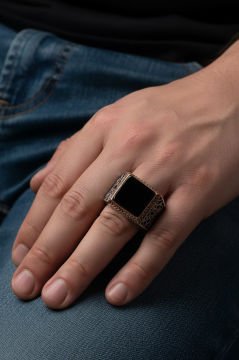 Kare Model Oniks Taşlı Gümüş Yüzük