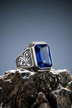 Erzurum Kalem İşçiliği Nakkaş Model Safir Zirkon Taşlı Erkek Yüzük