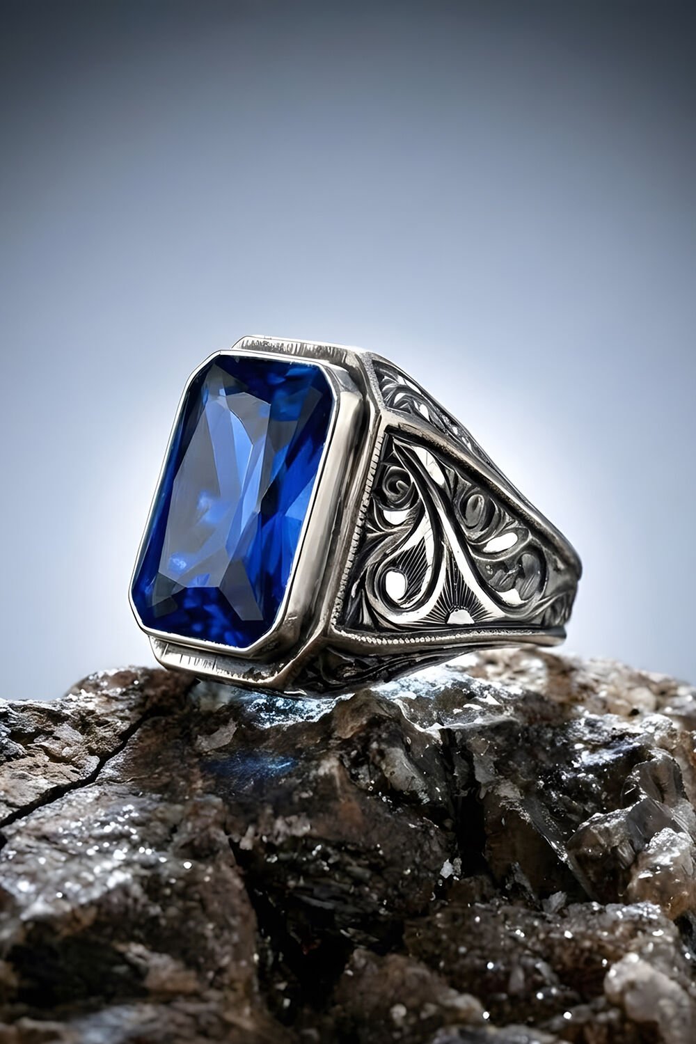 Erzurum Kalem İşçiliği Nakkaş Model Safir Zirkon Taşlı Erkek Yüzük