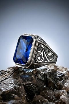 Erzurum Kalem İşçiliği Nakkaş Model Safir Zirkon Taşlı Erkek Yüzük