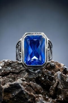 Erzurum Kalem İşçiliği Nakkaş Model Safir Zirkon Taşlı Erkek Yüzük