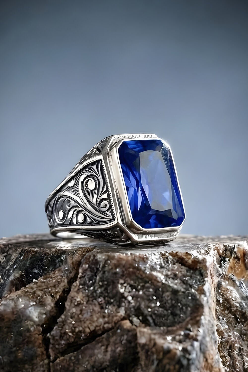 Erzurum Kalem İşçiliği Nakkaş Model Safir Zirkon Taşlı Erkek Yüzük