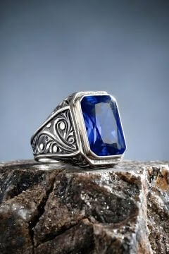 Erzurum Kalem İşçiliği Nakkaş Model Safir Zirkon Taşlı Erkek Yüzük