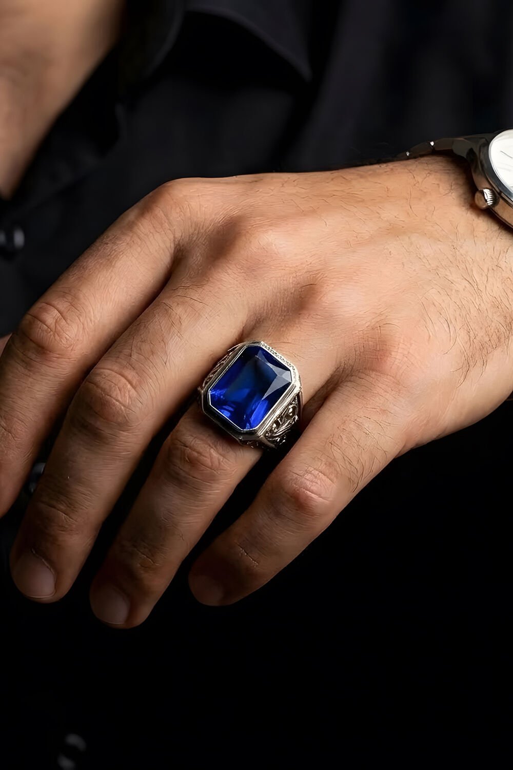 Erzurum Kalem İşçiliği Nakkaş Model Safir Zirkon Taşlı Erkek Yüzük