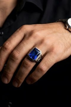 Erzurum Kalem İşçiliği Nakkaş Model Safir Zirkon Taşlı Erkek Yüzük
