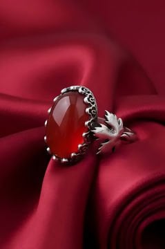 Çınar Yaprağı Model Akik Taşlı El İşi Gümüş Yüzük