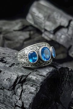 Kalem İşçiliği Özel Tasarım Üç Taş Safir Zirkon Taşlı Gümüş Yüzük