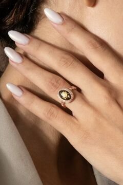 Damla Kehribar İçine Gül Desenli Minimal Gümüş Yüzük Rose Rengi - 23