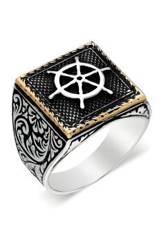 Kare Model Kalem İşlemeli Gemi Dümeni Yüzük