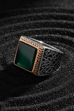 Kare Model Yeşil Akik Taşlı Gümüş Yüzük