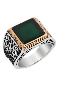 Kare Model Yeşil Akik Taşlı Gümüş Yüzük