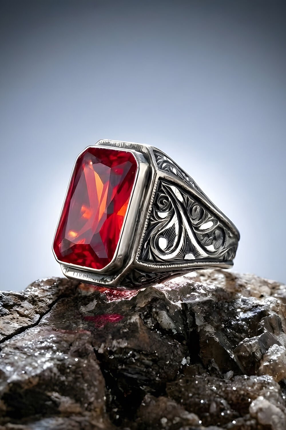 Erzurum Kalem İşçiliği Nakkaş Model Yakut Zirkon Taşlı Erkek Yüzük