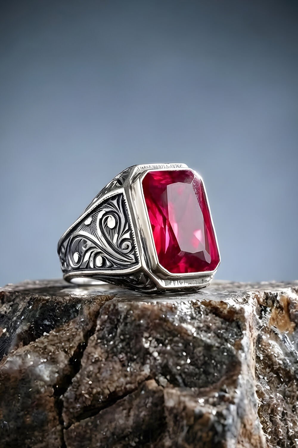 Erzurum Kalem İşçiliği Nakkaş Model Yakut Zirkon Taşlı Erkek Yüzük