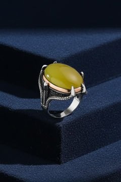 Büyük Boy Pençe Model Sarı Akik Taşlı Gümüş Yüzük