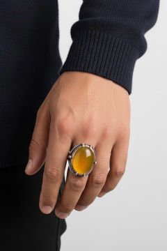 Büyük Boy Pençe Model Sarı Akik Taşlı Gümüş Yüzük