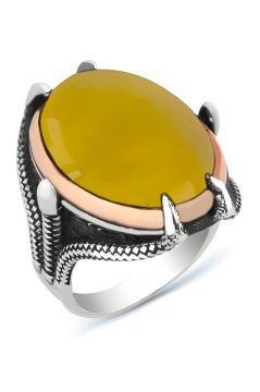 Büyük Boy Pençe Model Sarı Akik Taşlı Gümüş Yüzük