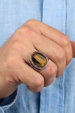 Yadigar Model Kaplangözü Taşlı Gümüş Erkek Yüzük