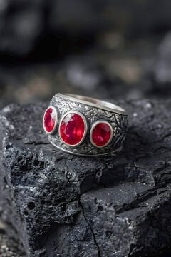 Kalem İşçiliği Özel Tasarım Üç Taş Yakut Zirkon Taşlı Gümüş Yüzük